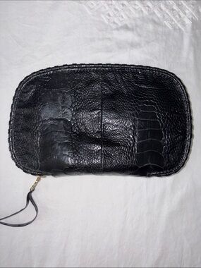 Vintage Black Crocodile-Embossed Leather Wristlet Clutch